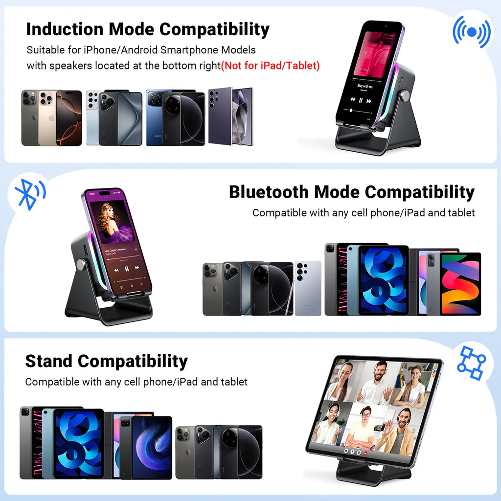 Wireless Induction Audio Speaker Stand, 5In1 Cellphone Holder, 3500Mah Rechargeable Emergency Power Bank,360° Adjustable Mobile Tablet Stand with Colorful Ambient Light Gifts for Men Women