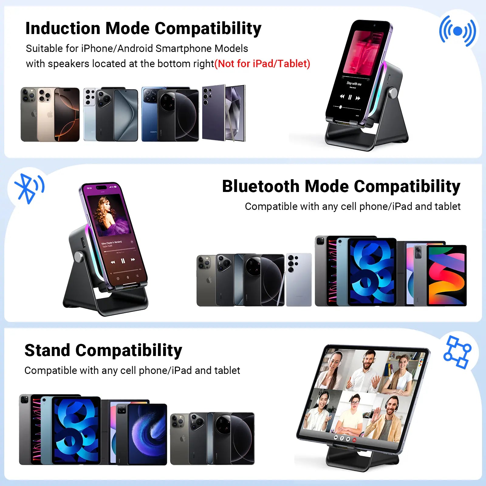 Wireless Induction Audio Speaker Stand, 5In1 Cellphone Holder, 3500Mah Rechargeable Emergency Power Bank,360° Adjustable Mobile Tablet Stand with Colorful Ambient Light Gifts for Men Women
