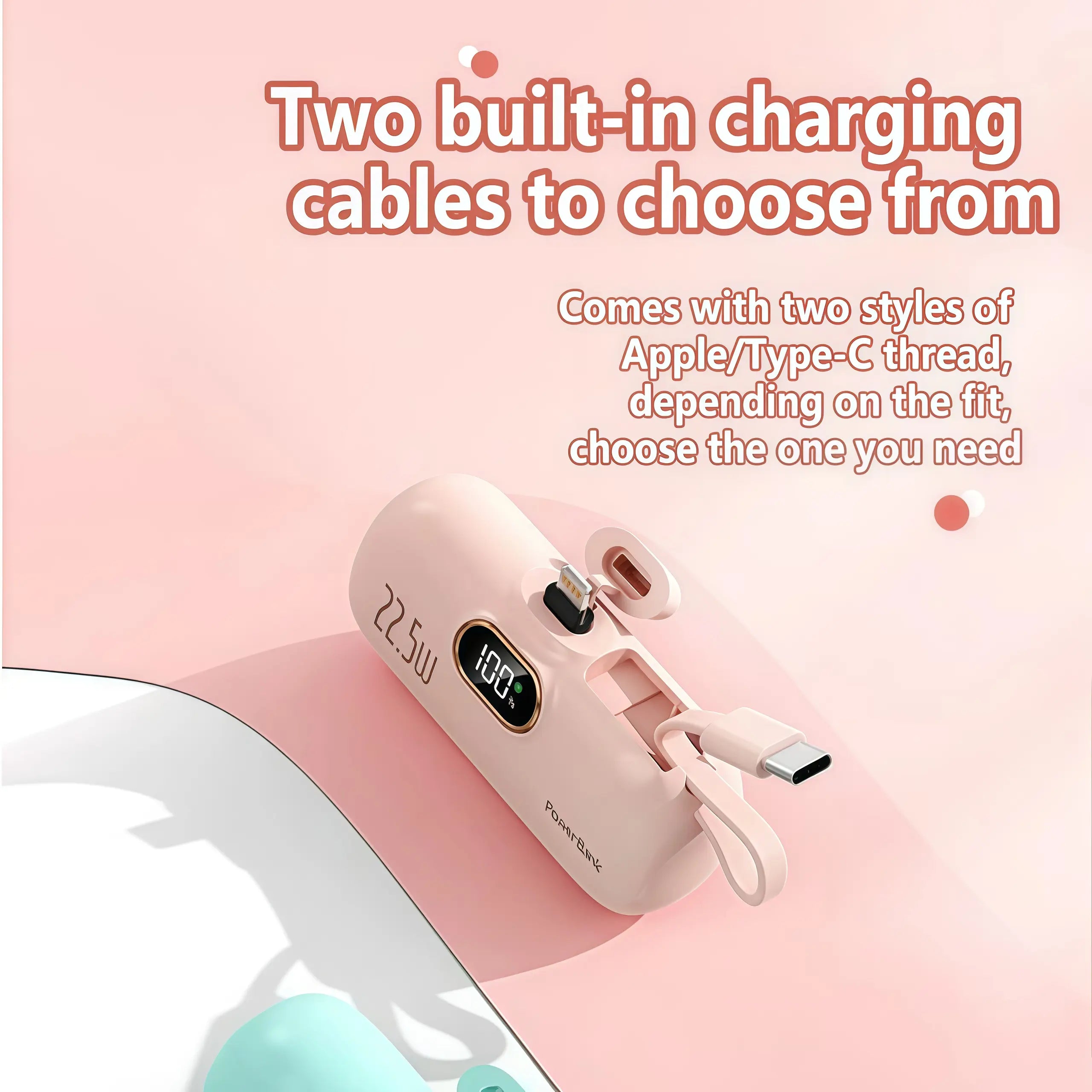 5000Mah Mini Portable Charger with 22.5W Fast Output, Featuring Both Type-C and USB-A Ports for Universal Compatibility with Ios and Android Devices. Its Compact Design Includes a Digital Power Display for Accurate Battery Monitoring.
