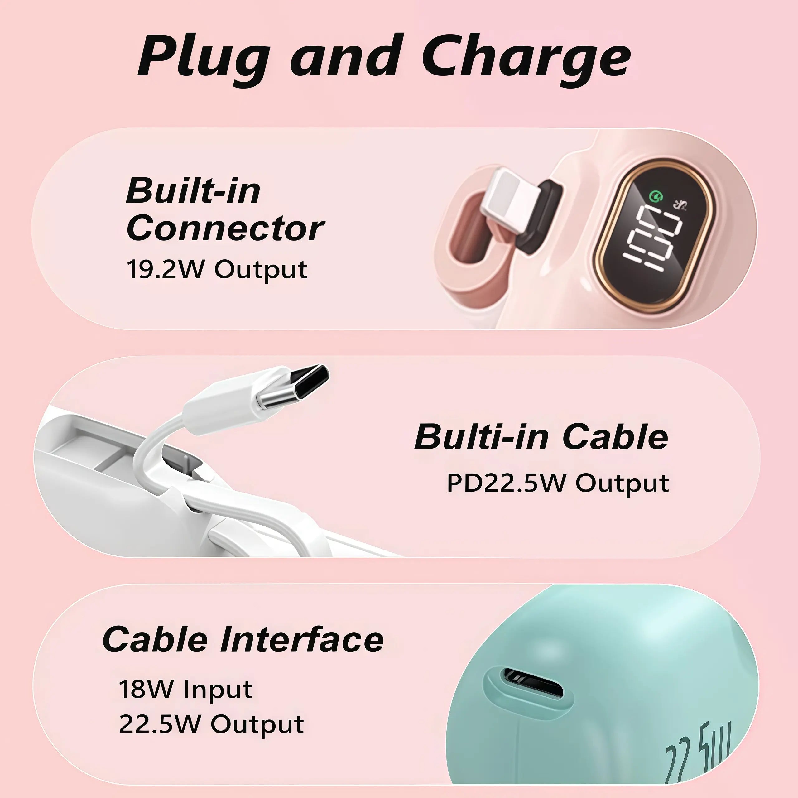 5000Mah Mini Portable Charger with 22.5W Fast Output, Featuring Both Type-C and USB-A Ports for Universal Compatibility with Ios and Android Devices. Its Compact Design Includes a Digital Power Display for Accurate Battery Monitoring.