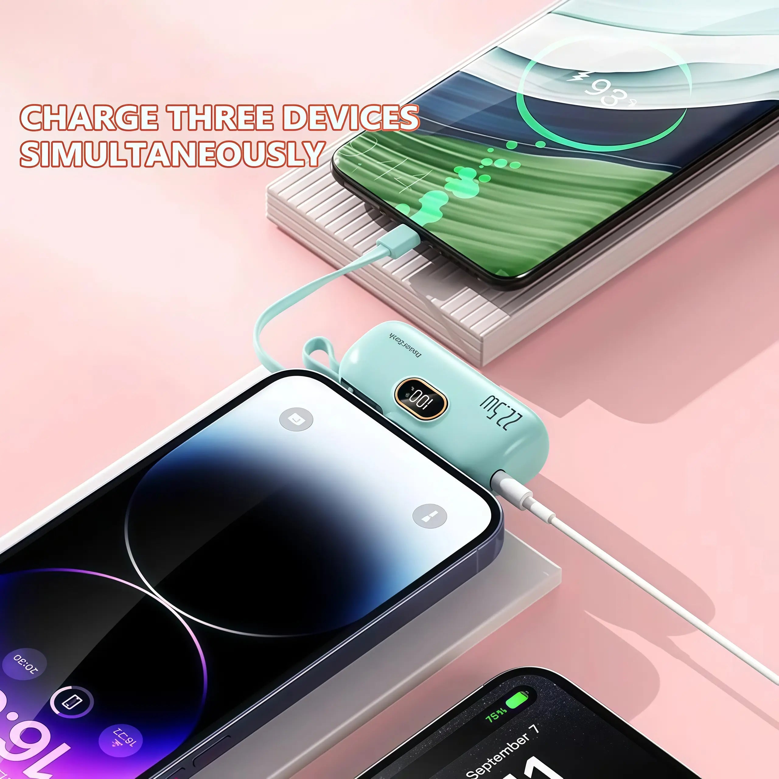 5000Mah Mini Portable Charger with 22.5W Fast Output, Featuring Both Type-C and USB-A Ports for Universal Compatibility with Ios and Android Devices. Its Compact Design Includes a Digital Power Display for Accurate Battery Monitoring.
