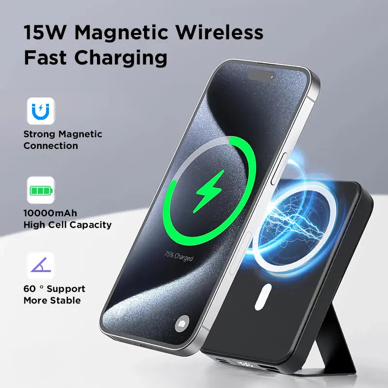 10000Mah Magnetic Power Bank Wireless Portable Charger with USB-C Cable LED Display Foldable Battery Pack for Iphone17/ 16/15/14/13/12/Pro/Pro Max Series Charging Compact Silicone Black