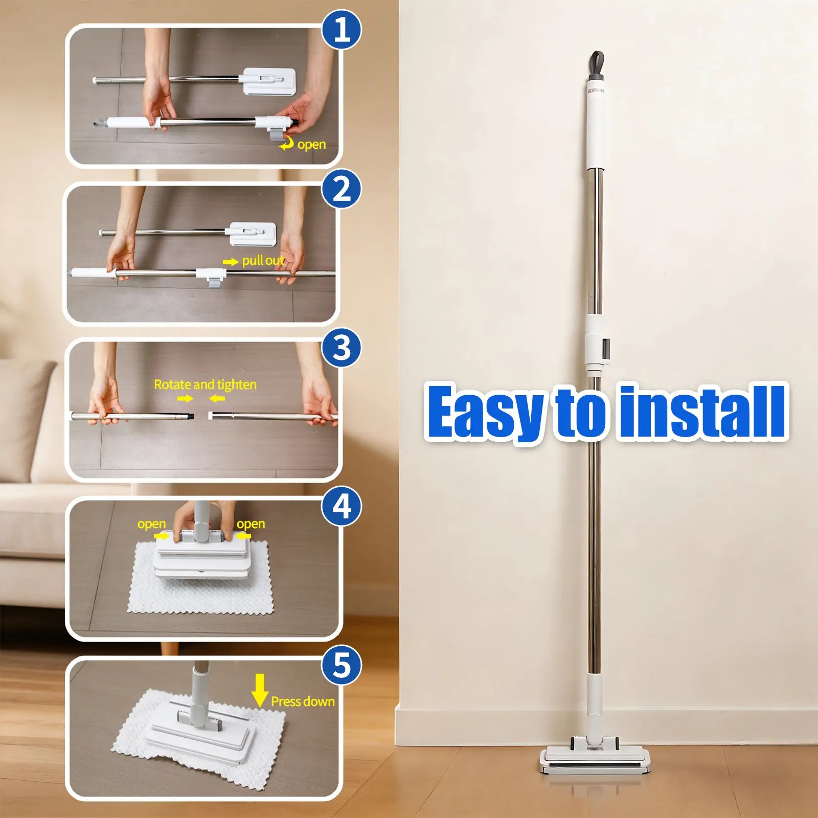SOPAMI Disposable Mop, Hands-Free Floor Mop with Clamp, Dry Wet Use Dust Mop for Hardwood & Tile