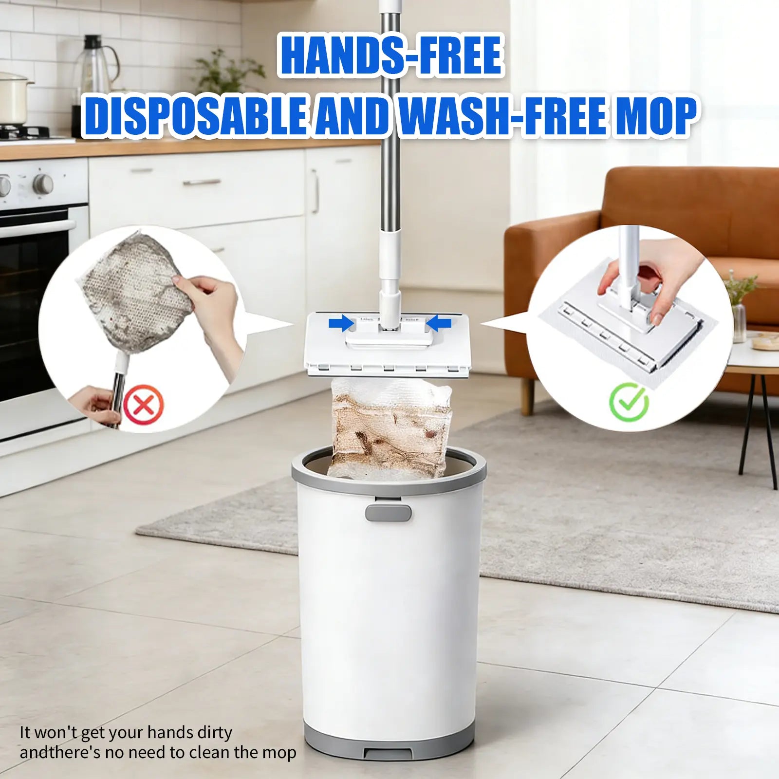 SOPAMI Disposable Mop, Hands-Free Floor Mop with Clamp, Dry Wet Use Dust Mop for Hardwood & Tile