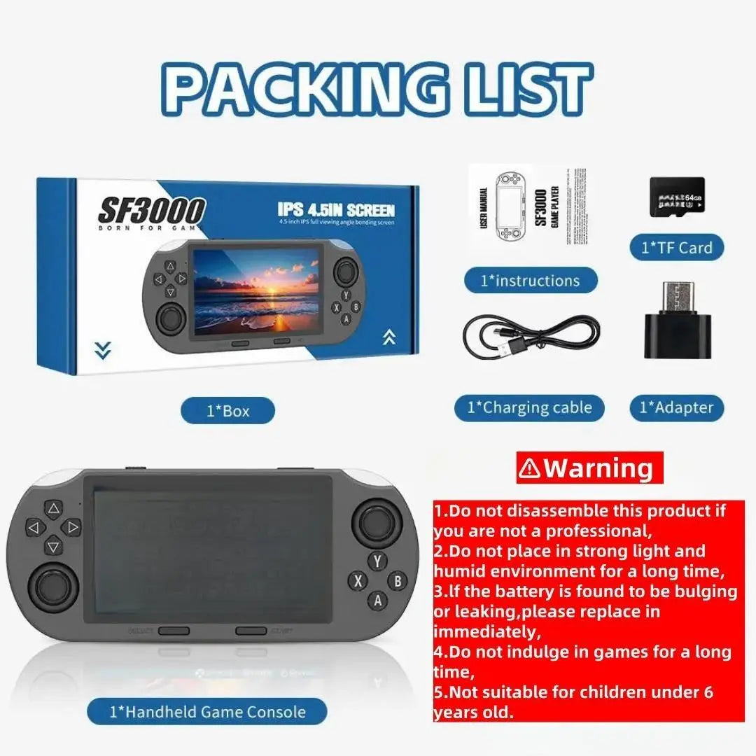 SF3000 Retro Handheld Game Console with 4.5 Inch IPS Screen 3000Mah Battery & 64GB TF Card for Boys Gift Gaming & Accessories Game Cables Cool Gadgets Boys Box Compact Game Console Retro Game Consoles Gamer Gifts for Him Portable Retro Game Console