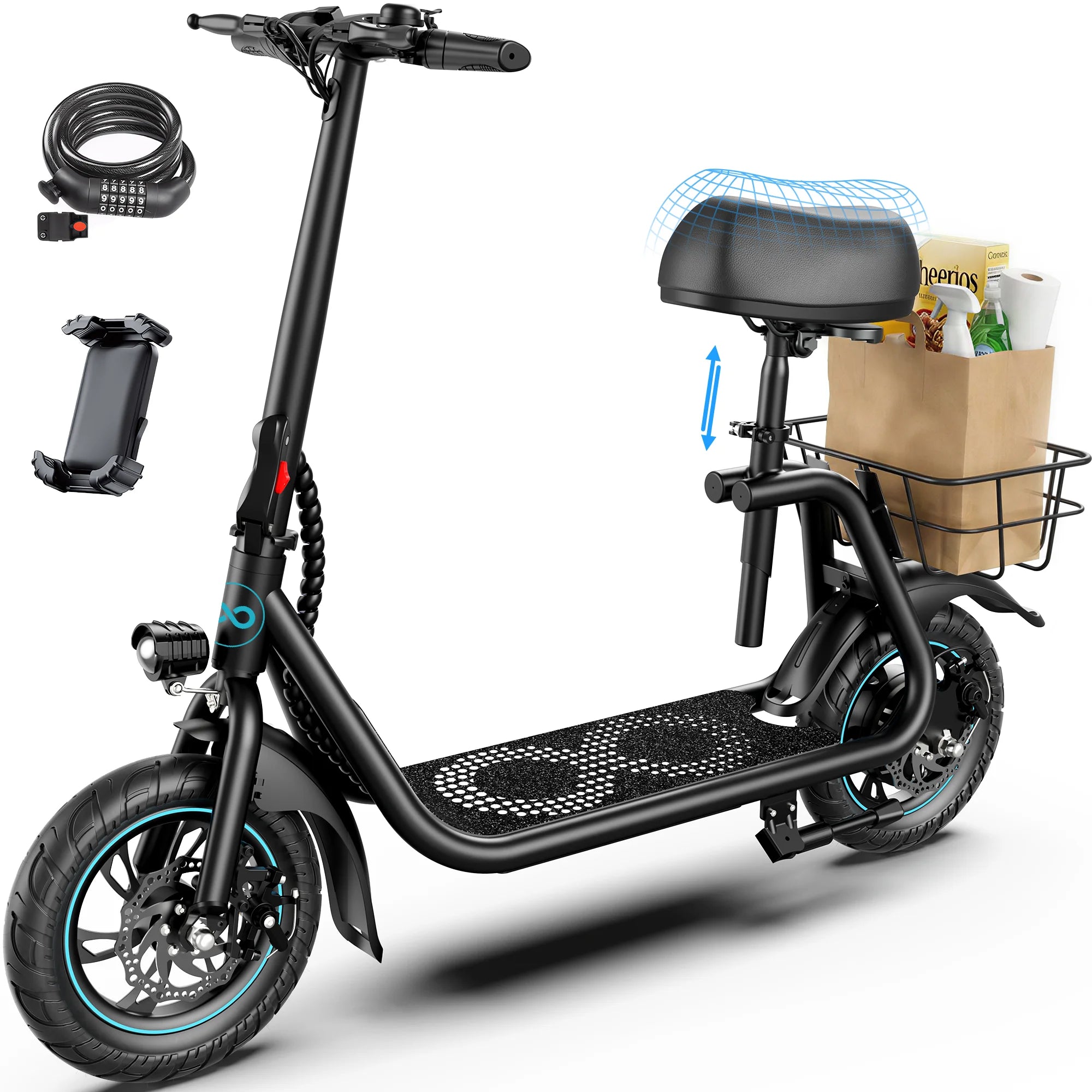 450W Electric Scooter with Seat, Commuter Electric Scooter for Adult with Basket & Free Phone Holder & Steel Cable Lock & Inner Tube- up to 21 Miles 15.5Mph-Oange