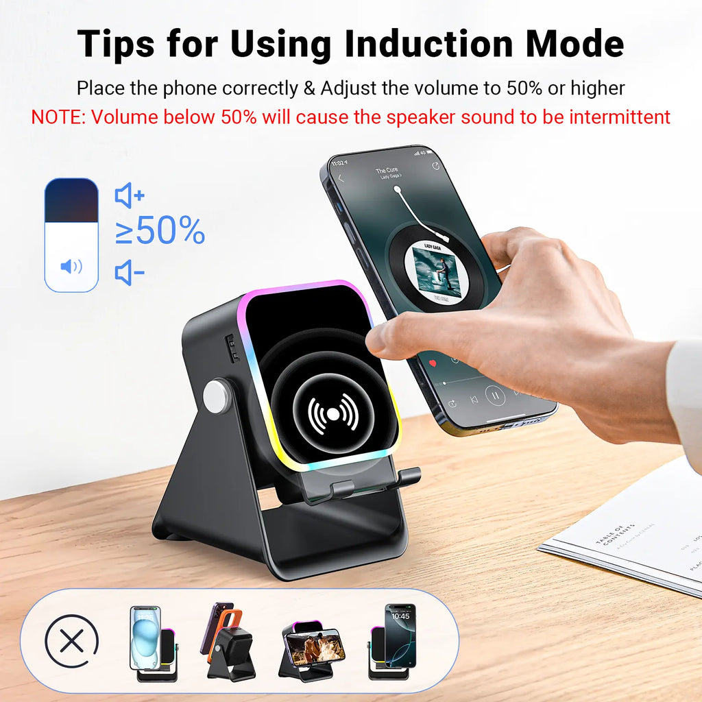 Wireless Induction Audio Speaker Stand, 5In1 Cellphone Holder, 3500Mah Rechargeable Emergency Power Bank,360° Adjustable Mobile Tablet Stand with Colorful Ambient Light Gifts for Men Women