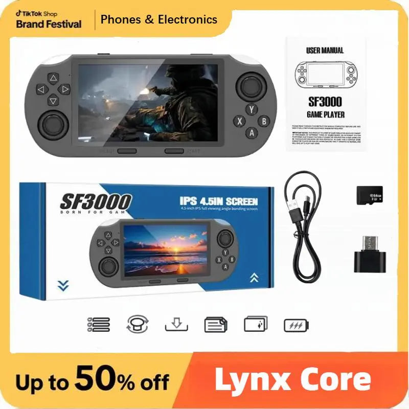 SF3000 Retro Handheld Game Console with 4.5 Inch IPS Screen 3000Mah Battery & 64GB TF Card for Boys Gift Gaming & Accessories Game Cables Cool Gadgets Boys Box Compact Game Console Retro Game Consoles Gamer Gifts for Him Portable Retro Game Console