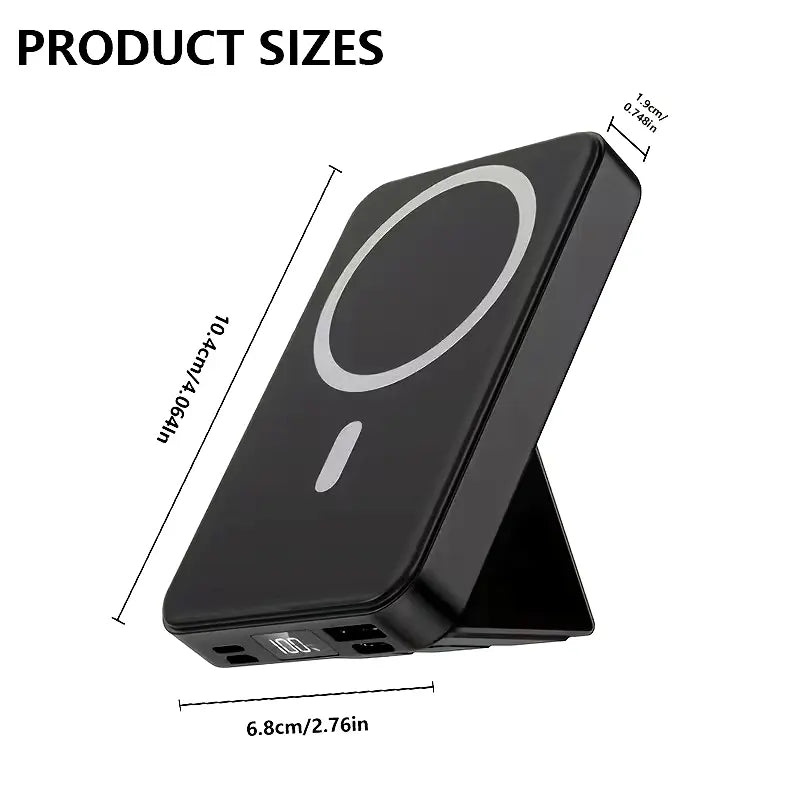 10000Mah Magnetic Power Bank Wireless Portable Charger with USB-C Cable LED Display Foldable Battery Pack for Iphone17/ 16/15/14/13/12/Pro/Pro Max Series Charging Compact Silicone Black