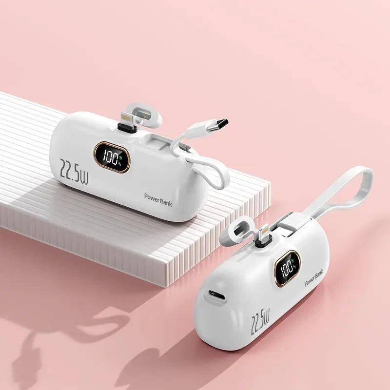 5000Mah Mini Portable Charger with 22.5W Fast Output, Featuring Both Type-C and USB-A Ports for Universal Compatibility with Ios and Android Devices. Its Compact Design Includes a Digital Power Display for Accurate Battery Monitoring.