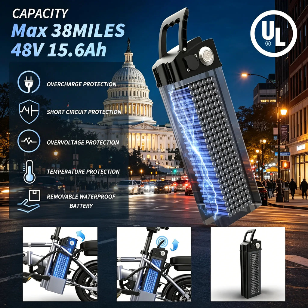 US 14" Foldable Electric Bike for Adults | 750W Peak Motor, 22 MPH Speed | 48V 10.4Ah/15.6Ah Battery, Electric Scooter| with Dual-Seat and Multi-Shock Absorption & Smart APP | with Phone Holder | UL2849 Certified Motor | Nice for Gift & Daily Commutes